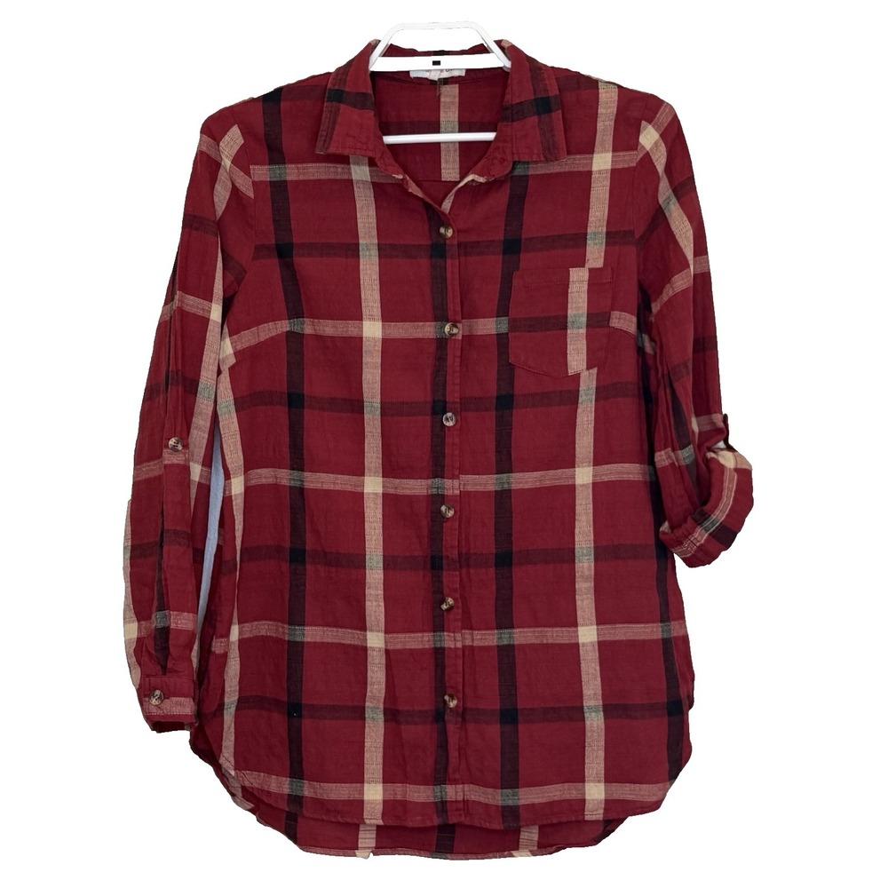 Orange Creek Button Front Top Womens Sz Large Red Plaid Long Roll‎ Tab Sleeve